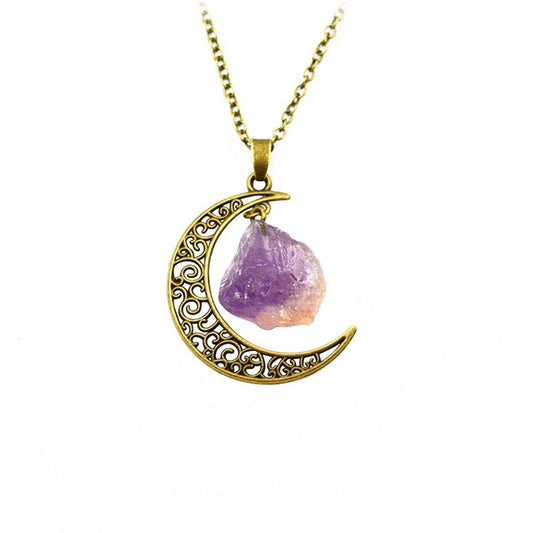 Amethyst Gold Metal Crescent Moon Necklace Pendant