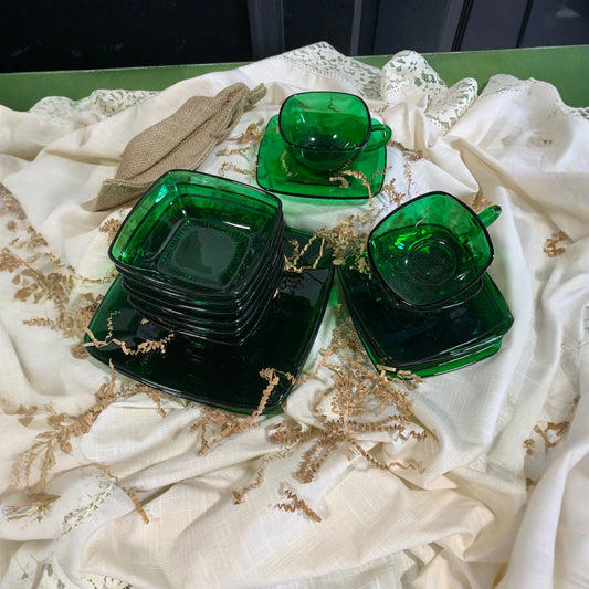Charming Forest Green Fire King Luncheon Plates, Bowls and Cups