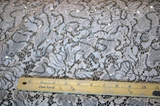 EMBROIDERED FLORAL LACE FABRIC WITH BEAD SPARKLE SOFT BEIGE 56" WIDE BY THE YARD
