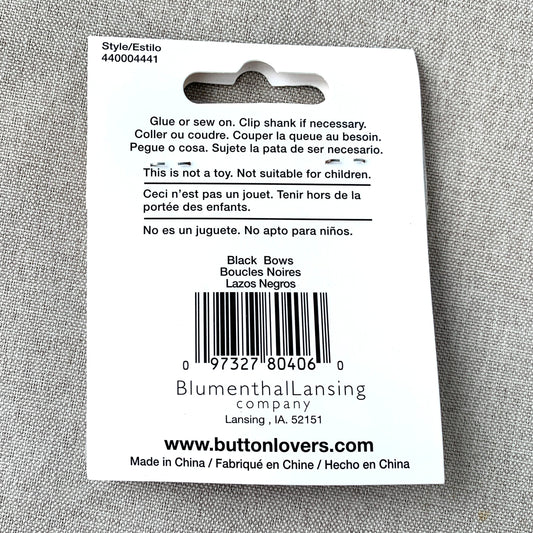 4441 Bow Ribbon - Collectors Buttons - 1 Hole Shank Button - - Black