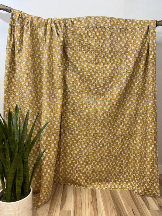 Amber Harvest Block Print Cotton Kantha Quilt