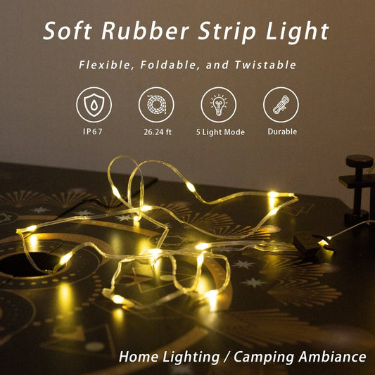 Camping Lights String, Outdoor Rechargeable Lights with 5 Lighting Modes, Type-C Charging, 20s Roll Up- Portable LED Camping String Lights for Camping, Hiking, House Decorate HYUGA (26.24ft)