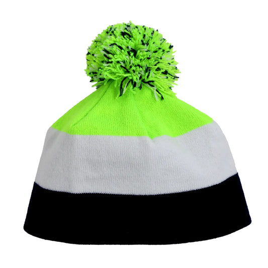 Blue and Green Striped Beanie with Pom