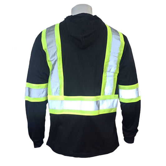 Long Sleeve Hooded Safety Tee with Reflective Stripes & Pocket – 100% Polyester