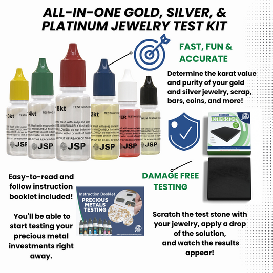Professional Gold, Silver, Platinum Jewelry Testing Kit with Stone Instructions and Box with 30X Eye Loupe Magnifier Precious Metals 10K 14K 18K 22K 24K 999 925 Scrap