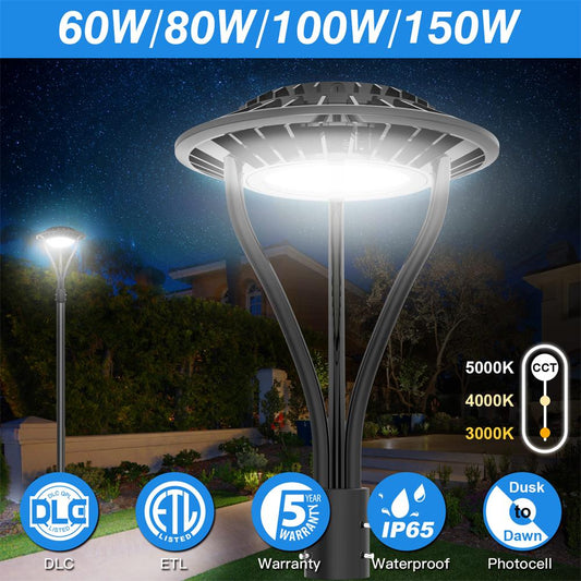 LED Street Post Top Area Circular Lights with Photocell 60W 80W 100W 150W 3000K/4000K/5000K Tunable Outdoor Security Pole Light ETL DLC Listed