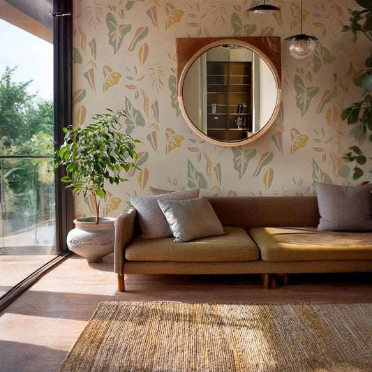 Block Print Foliage Wallpaper, tan and mint