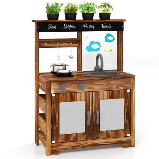 Mud Kitchen Fir Wood Play Kitchen with 4 Panting Pots Faucet Removable Sink-Natural