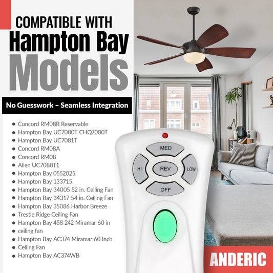 Anderic RR7080T Replacement Ceiling Fan Remote Control for Hampton Bay CHQ7080T, UC7080T with Up, Down, and Reverse Keys