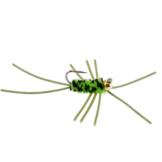 Barbless Pat's Rubber Legs Tungsten Bead Jigged Black/Chartreuse Euro Nymph - Set of 6 Flies Hook Size 10