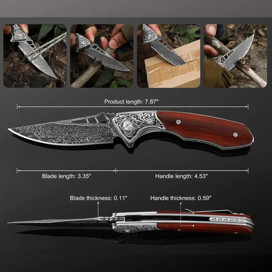 Artemis Japanese VG10 Damascus Pocket Knife with Clip & Exotic Red Sandal Wood Handle