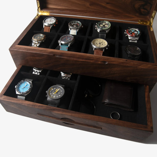 Watch Box with Drawer - Solid Black Walnut - 12 to 16 Watch Compartments - 🆕 New Arrivals, All Products, Products from Red Ridge Woodworking, 💄 Health + Beauty - Little Red General Store