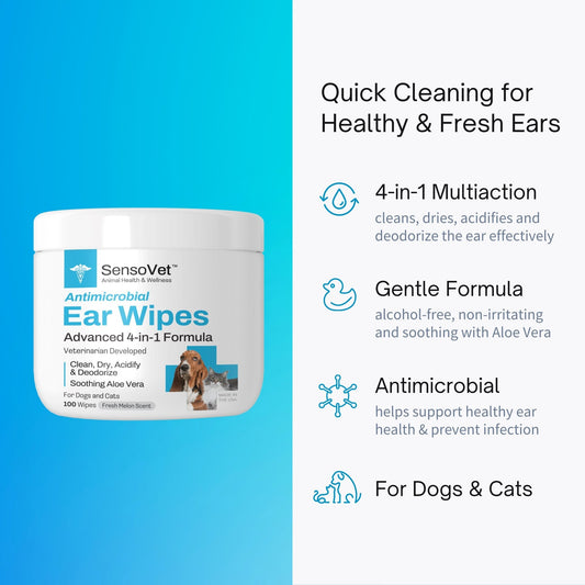 Antimicrobial Ear Wipes for Dogs & Cats - 100 Wipes