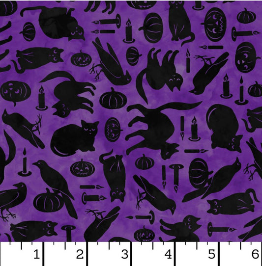 Maywood Studio Halloween Spooky Hollow Cats and Crows on Purple 100% Cotton Fabric By the Yard