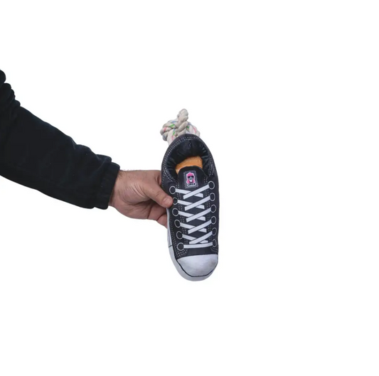 Squeaky Comfort Plush Sneaker Dog Toy – with Treat Compartment, Safe & Durable – Black