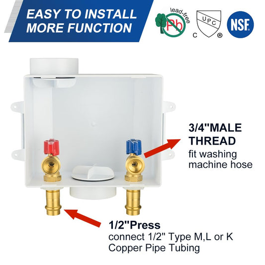 1/2" Copper Press Inlet, Washing Machine Outlet Box, Center Drain