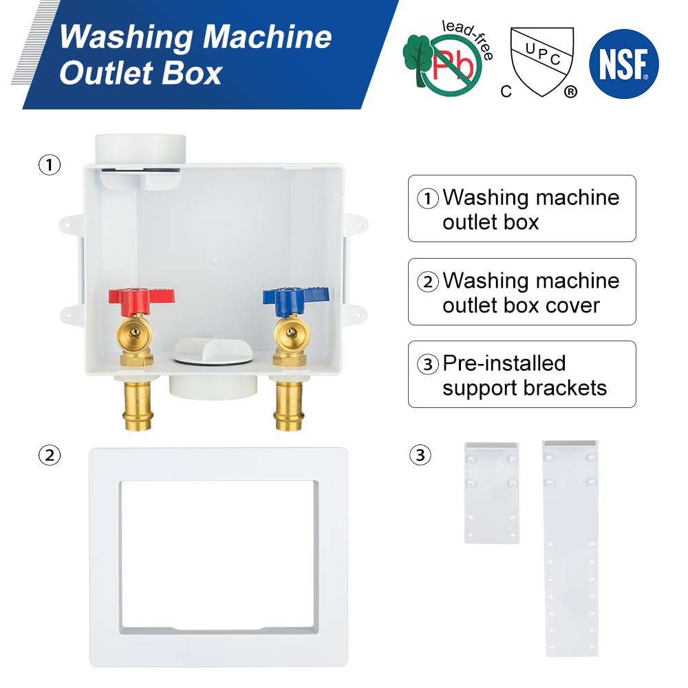 1/2" Copper Press Inlet, Washing Machine Outlet Box, Center Drain