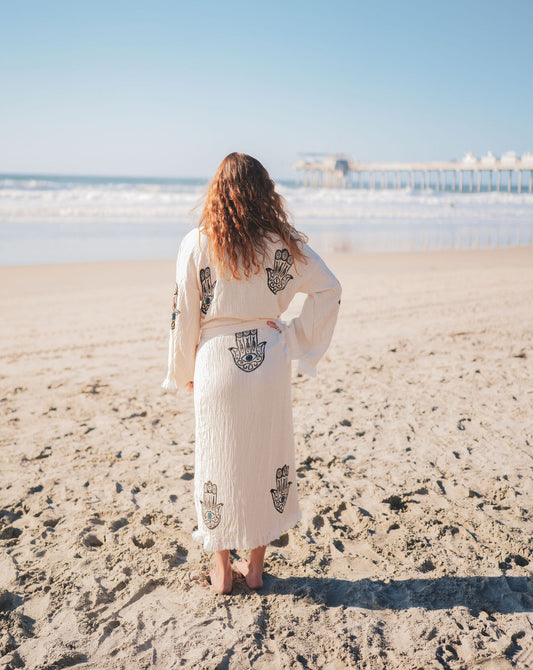 MUSLIN COTTON KIMONO BATHROBE HAMSA HAND PRINT