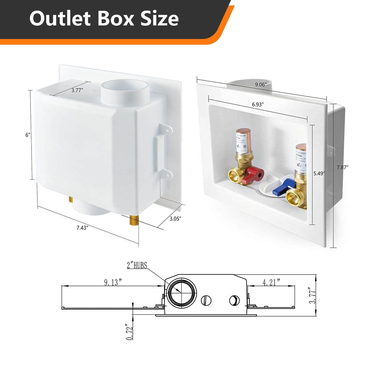 1/2" Sweat Inlet, Washing Machine Outlet Box, with Copper Water Hammer Arrestor