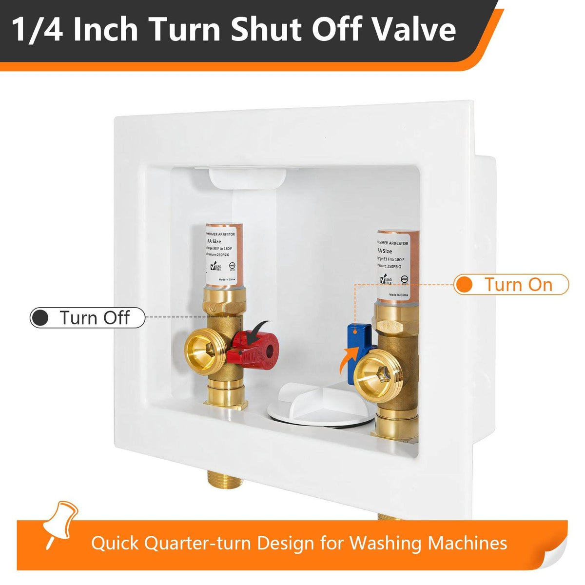 1/2" Sweat Inlet, Washing Machine Outlet Box, with Copper Water Hammer Arrestor