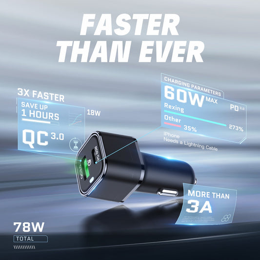 REXING JETSPEED Black 78W PowerDelivery+ USB-C/USB Car Charger with Cables