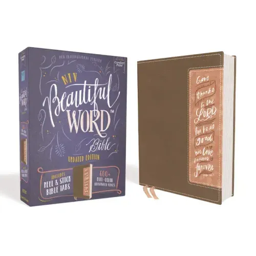 Niv, Beautiful Word Bible, Updated Edition, Peel/Stick Bible Tabs, Leathersoft, Brown/Pink, Red Letter, Comfort Print: 600+ Full-Color Illustrated Ver