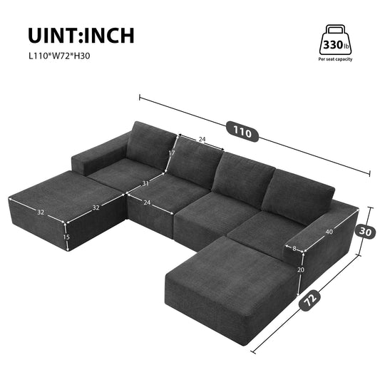 110*72' Modular U Shaped Sectional Sofa with Ottomans,Luxury Cloud Chenille Floor Couch with Deep Seat,No Assembly Required,Fully Compressed Upholstered Sofa for Living Room,Bedroom,3 Colors
