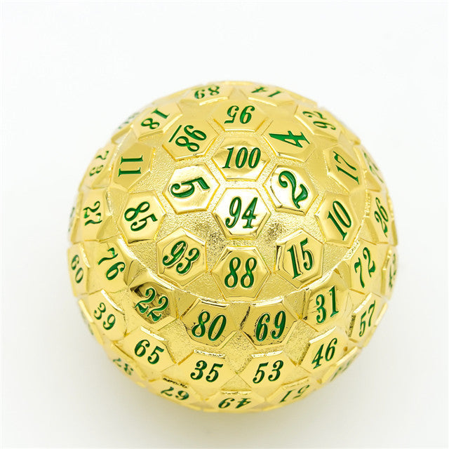 Golden Metal d100 w/ Green Numbers Dungeons and Dragons RPG