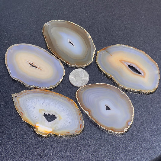 Drilled Hole Natural Gray Brown Agate Slice (2mm Hole)(Gold Plated Edges) Wholesale