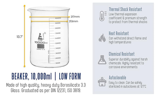 10,000ml Beaker Low Form with Spout - White, 500ml Graduations - Borosilicate 3.3 Glass - 10L Large Beaker