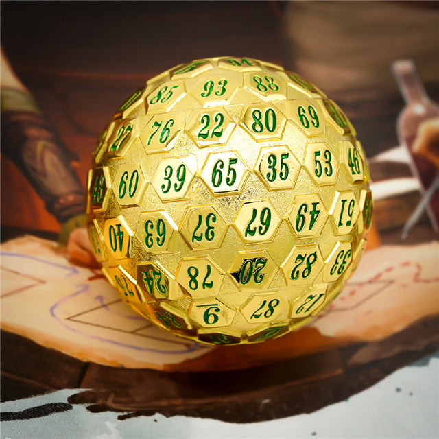 Golden Metal d100 w/ Green Numbers Dungeons and Dragons RPG