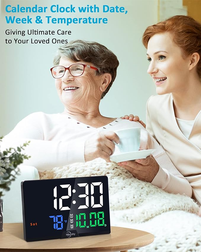 Digital Alarm Clock- Large Number LED Display โ Calendar โ Date โ Temperature โ Colored Digits