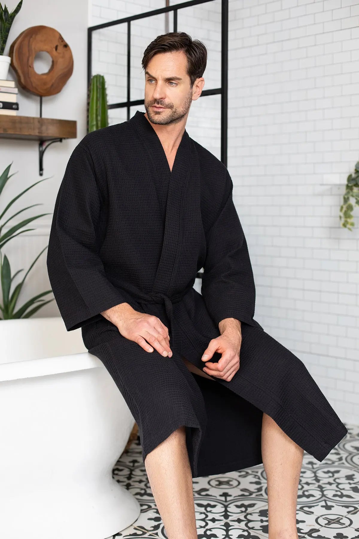 Waffle Kimono Spa Bathrobe for Men - Absorbent, Lightweight