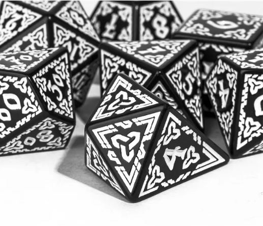 Celtic Knot Dice 7-Dice Set DND RPG Dice Druidic | White, Red, Orange, Yellow. Green, Blue