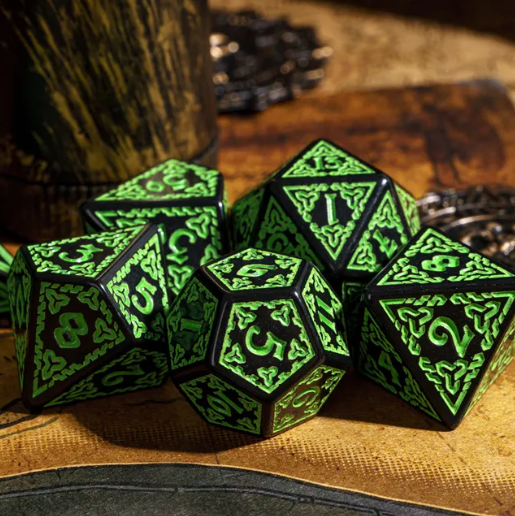 Celtic Knot Dice 7-Dice Set DND RPG Dice Druidic | White, Red, Orange, Yellow. Green, Blue