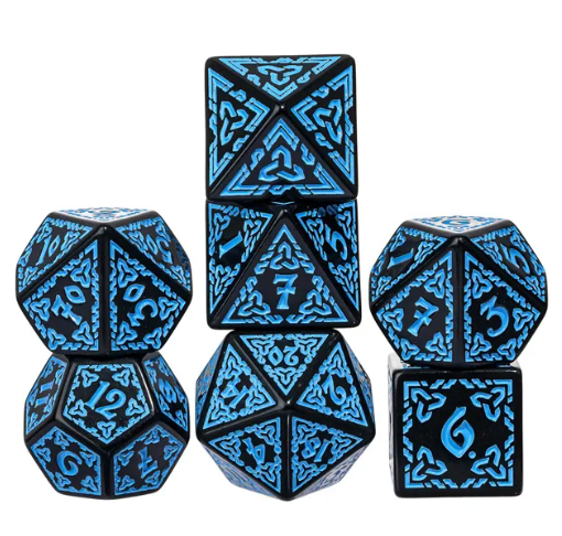 Celtic Knot Dice 7-Dice Set DND RPG Dice Druidic | White, Red, Orange, Yellow. Green, Blue