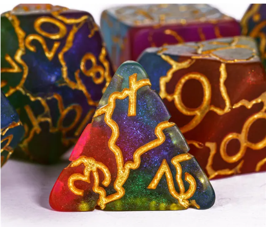 Mystic Aurora Crackle Nexus: 7-Dice RPG Set Translucent with Gold Crackle Effect
