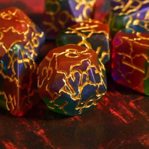 Mystic Aurora Crackle Nexus: 7-Dice RPG Set Translucent with Gold Crackle Effect