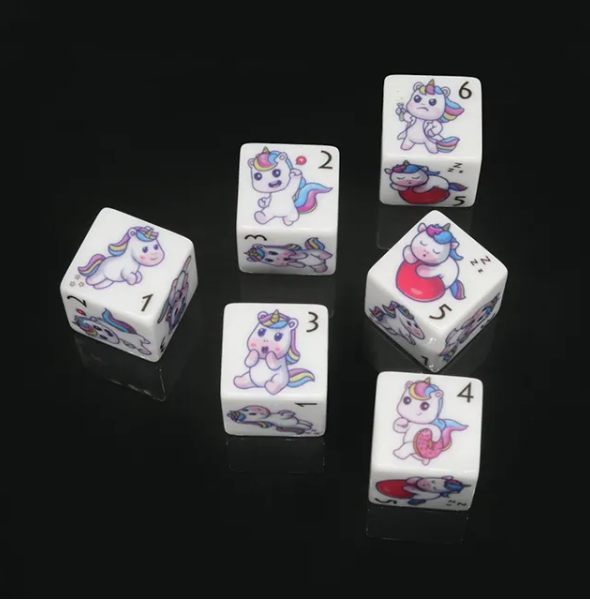 (White) Unicorn Dice | Printed d6 Dice Featuring Fantasy Animal Numbered