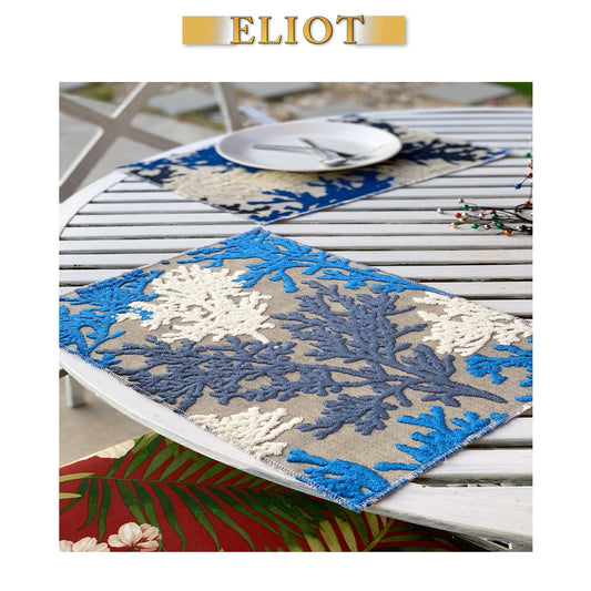 Reef - Pack of 4 Beautiful Cut Velvet One-Side Placemats - Color: Indigo