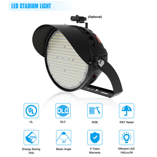 600W LED Stadium Light 100-277V/277-480V 90000LM (2400W Metal Halide Eqv.),IP67 0-10V Dimmable 6KV Surge High Mast Sports Flood Light,UL DLC Listed