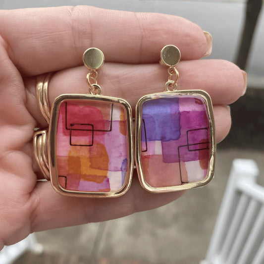 Framed Abstract Watercolor Dangle Earrings – Handmade in Charlotte NC