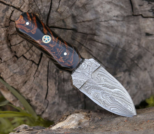 Ambush Damascus Fixed Blade Pocket Knife 6" with Pine Cone Handle & Leather Sheath