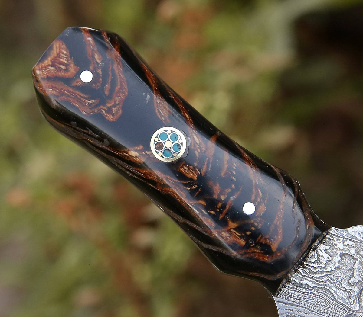 Ambush Damascus Fixed Blade Pocket Knife 6" with Pine Cone Handle & Leather Sheath