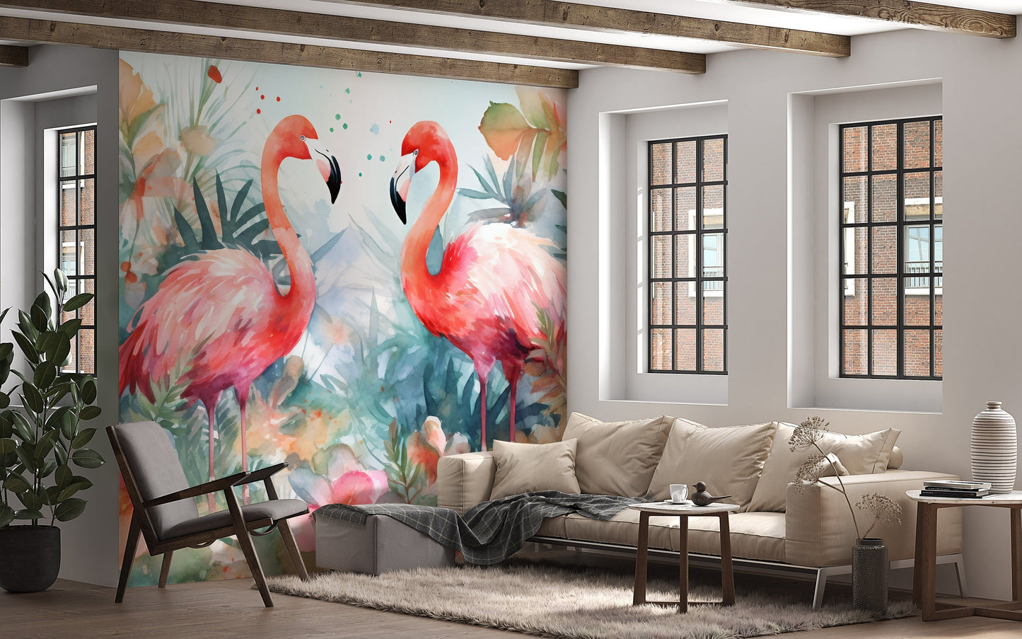 Watercolor Tropical Flamingo Mural