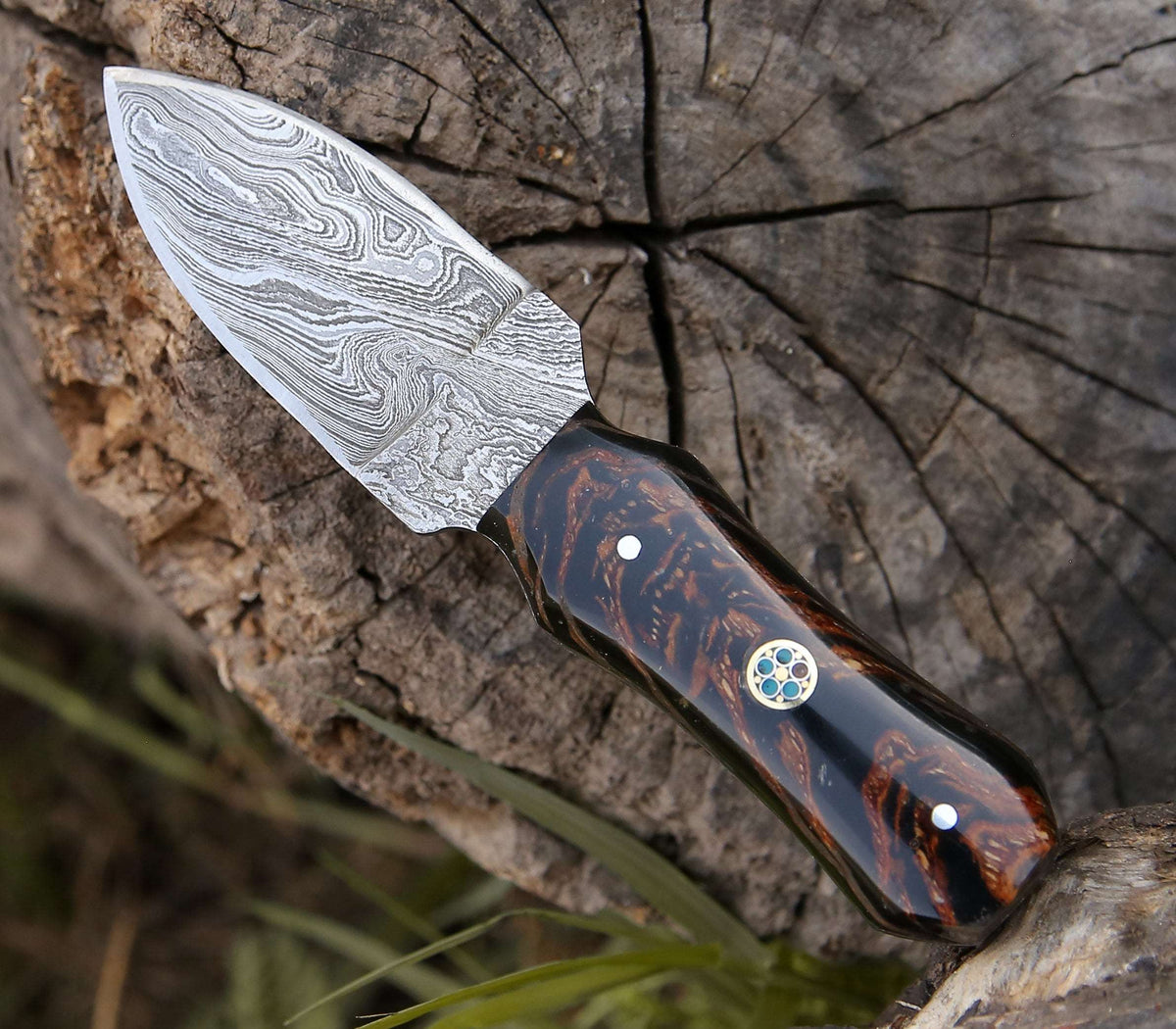 Ambush Damascus Fixed Blade Pocket Knife 6" with Pine Cone Handle & Leather Sheath