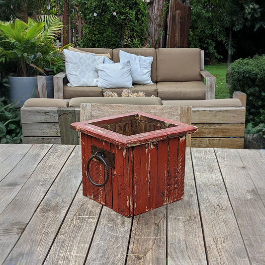 Rustic Wooden Box Planter in Red for Outdoor Garden Decor or Porch or Patio Decor, Handmade in Mexico, 11.75" Diameter, 6 lbs