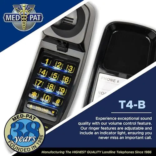 Med-Pat T-4 Trimline Telephone | Corded, Wall Mountable, Hearing Aid Compatible | Senior & Healthcare Phone