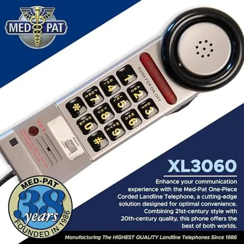 Med-Pat XL3060 Pewter Landline Phone – Volume Boost, Visual Ring Light, Hearing Aid Compatible