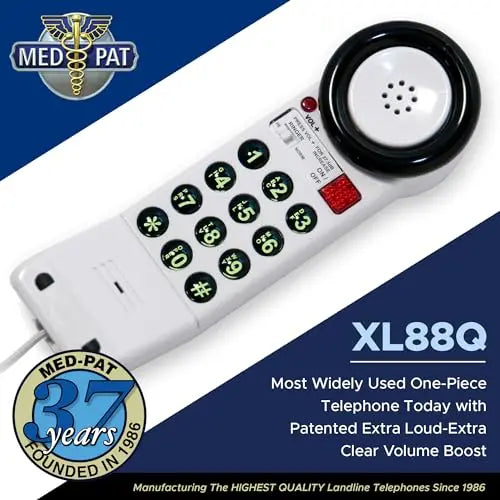 Med-Pat XL88Q One-Piece Phone – Extra-Loud Volume, Visual Ring, Water-Resistant, Hearing Aid Compatible